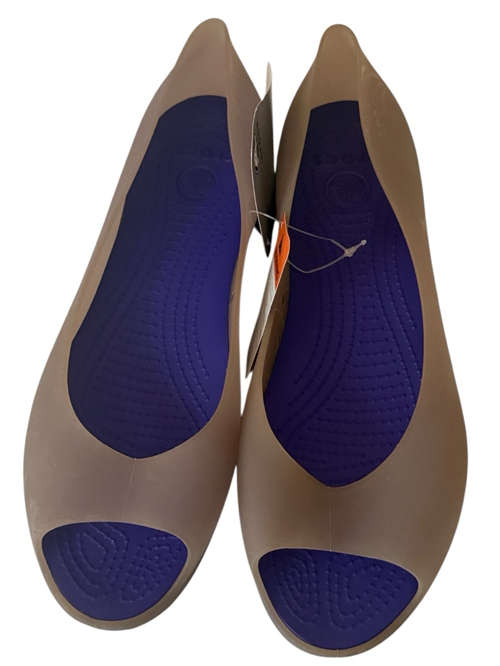 Crocs Carlie Ballet Open Toe Flats in a taupe and purple colorway, size 10Wide